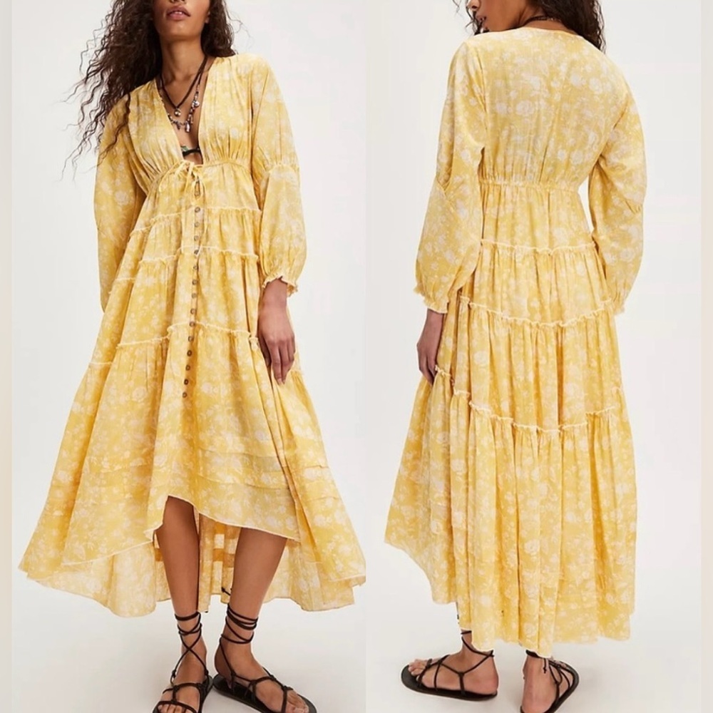NWOT Free People Pappiet Midi Shirt Dress Sunshine Combo Sz XS